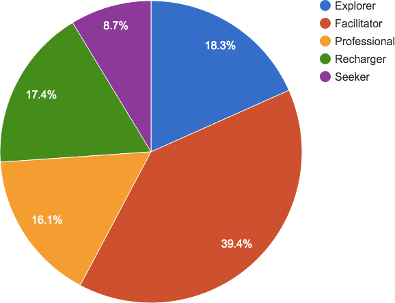 Pie chart showing: 18% Explorer, 39% Facilitator, 16% Professional, 17% Recharger, 8% Seeker