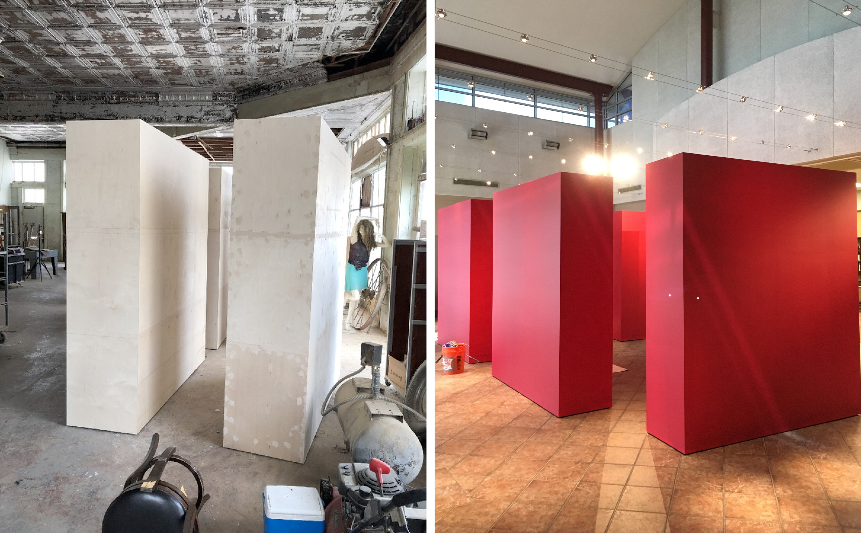 Left: Walls in-progress at the workshop. Right: Painted walls at NAMPUS.