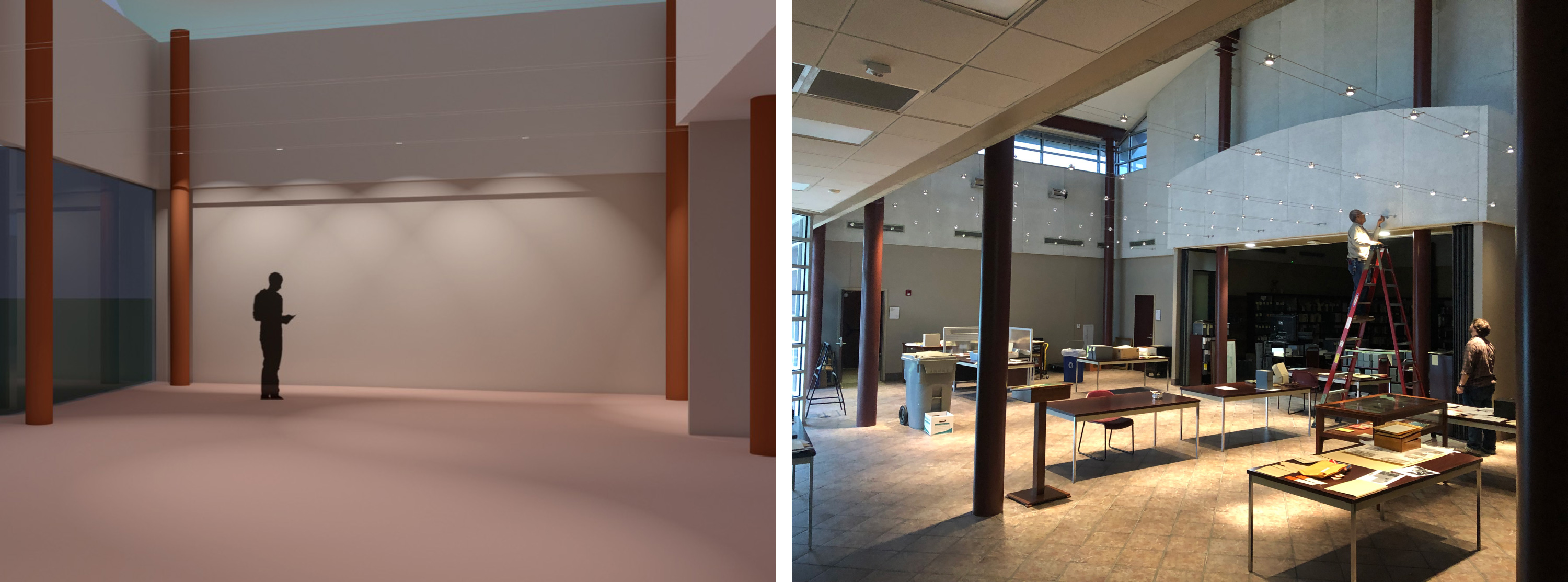Left: 3D rendering of lighting treatment. Right: Lighting installation in-progress.