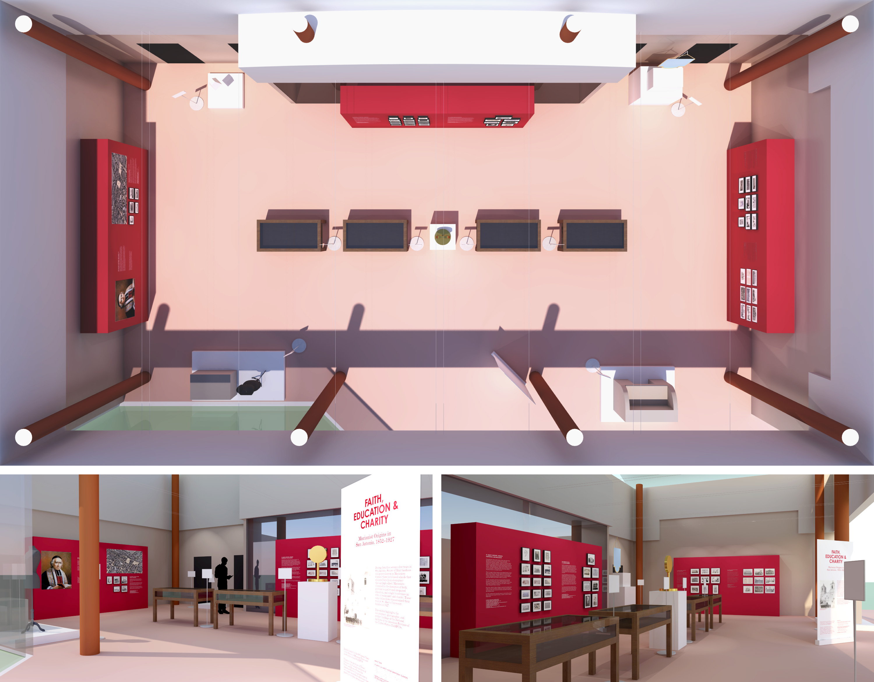 3D renderings illustrating the exhibit layout.