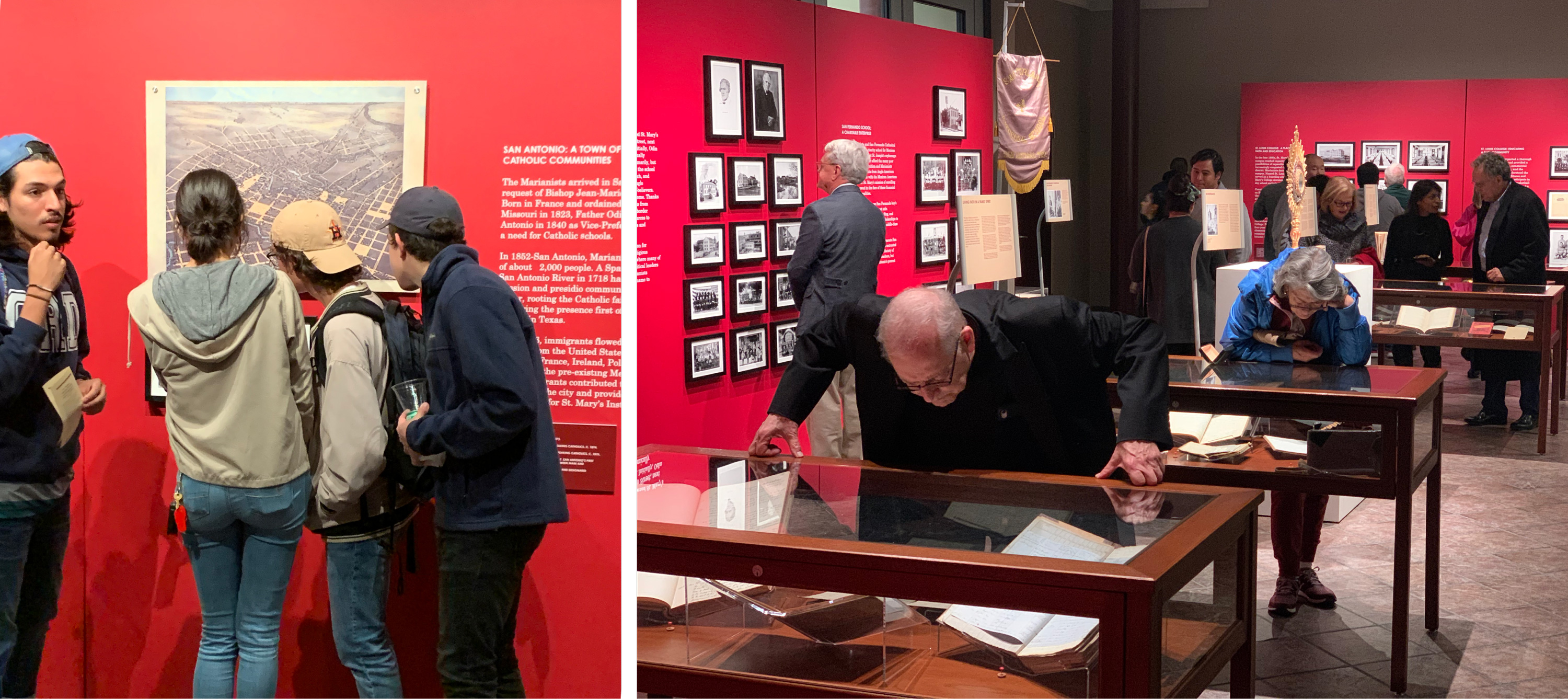 Left: Students examine historic map of San Antonio. Right: Guests peer into display cases.