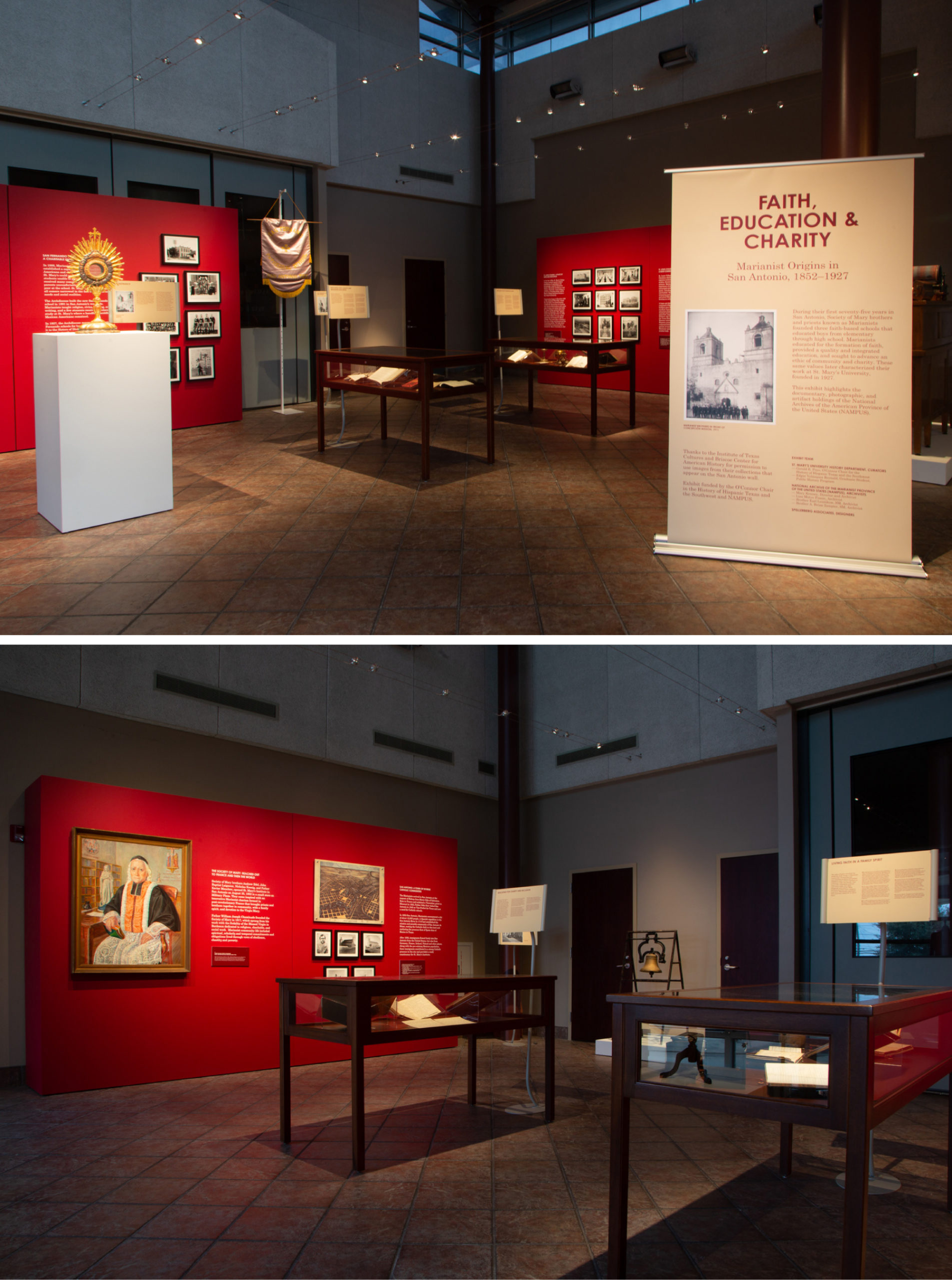 Two photographs showing the installation, containing: Cases and pedestals with historic objects, and walls with photos and text.